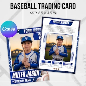May include: Baseball trading card, size 6.35 cm x 8.89 cm, featuring a young baseball player in a blue and white uniform holding a bat. The card includes the text "HIGHLIGHTS", "TEAM NAME", "MILLER JASON", and "POSITION IN TEAM".