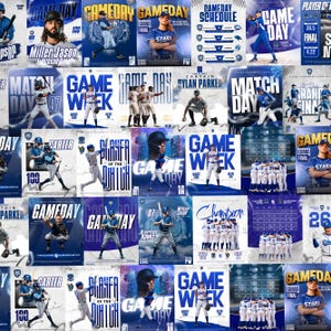 Op de afbeelding: Een collage van honkbal-grafische ontwerpen met spelers in uniform, wedstrijdschema's en tekstelementen zoals Gameday, Match Day en Player of the Day in blauwe en witte kleurenschema's met diverse sportieve houdingen en teamafbeeldingen.
