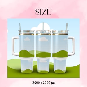 K&ouml;nnte beinhalten: Drei Edelstahlbecher mit wei&szlig;en Deckeln und Griffen. Jeder Becher zeigt eine Grafik mit einem gr&uuml;nen H&uuml;gel und blauem Himmel mit wei&szlig;en Wolken. Die Becher sind in einer Reihe vor einem gr&uuml;n-blauen Hintergrund angeordnet. GR&Ouml;SSE 3000 x 2000 px
