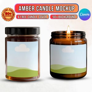 May include: Two amber glass jar candles with black lids. One candle is lit, showing a flame. Each candle has a white label with a blue sky and cloud design over green hills. The image includes text: "AMBER CANDLE MOCKUP", "6 FREE CANDLE COVER", and "50+ BACKGROUND".