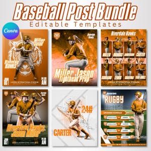 May include: A collection of orange and white baseball-themed templates. The templates feature baseball players, team logos, and text such as "Baseball Post Bundle" and "Riverdale Hawks". The templates are designed for editing.