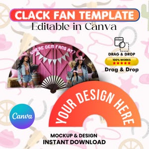 Clack Fan Template, Chinese Fan Template Editable Canva Template, Sublimation Fan Template, Custom Clack Fan Design,  Cowgirl with Clack Fan