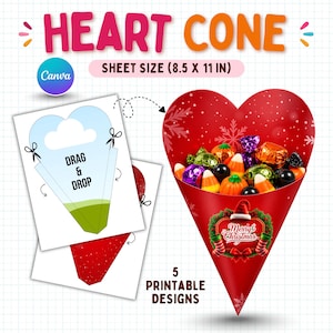 May include: A printable heart cone template with a sheet size of 8.5 x 11 inches. The design features a red cone decorated with white snowflakes and a Merry Christmas wreath graphic, filled with assorted colorful candies and chocolates.