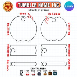 Tumbler Name Tag SVG, H2.0 Version, 40oz 30oz 20oz 14oz Tumbler Name Tag, Tumbler Topper Lid Name Tag, Canva Template Instant Download