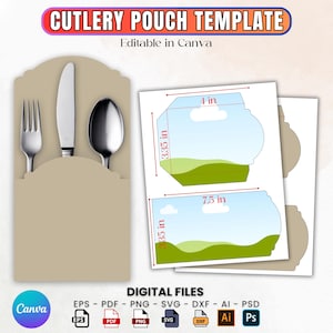 Könnte beinhalten: Eine beige Bestecktaschenvorlage mit Gabel, Messer und Löffel. Das Design enthält Abmessungen von 10,16 cm und 19,05 cm. Der Text "CUTLERY POUCH TEMPLATE" wird oben angezeigt. Bearbeitbar in Canva.