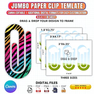 Plantilla de clip gigante, plantilla de marcapáginas editable, clip digital SVG, PNG, sublimación de clip, bricolaje, arrastrar y soltar, Canva