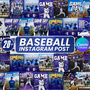 Może przedstawiać: Kolaż postów na Instagramie o tematyce baseballowej. Posty przedstawiają graczy w akcji, logo drużyn i słowa "GAME DAY". Centralny baner głosi "BASEBALL INSTAGRAM POST" z "20+" w okręgu. Posty są w odcieniach niebieskiego i fioletowego.