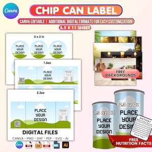 Chip Can Label Templates, 1.3oz Label, 2.3oz Label, Pringles Wrapper Templates, Chip Can Blank Template, Party Favors, Pringles Labels,Canva