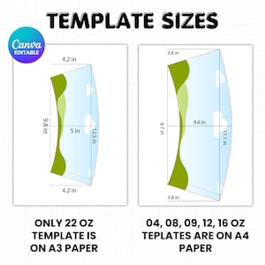 May include: A graphic showing template sizes with measurements in inches. The text "TEMPLATE SIZES" is at the top. The image includes two templates with dimensions labeled. The text "Canva EDITABLE" is in a circle. The bottom text reads "ONLY 22 OZ TEMPLATE IS ON A3 PAPER" and "04, 08, 09, 12, 16 OZ TEPPLATES ARE ON A4 PAPER".