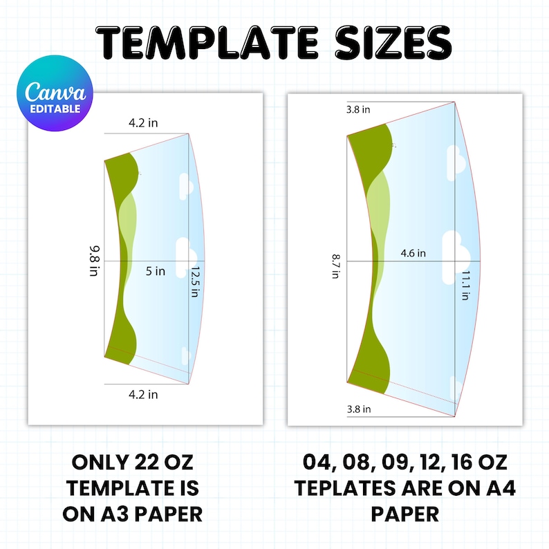 May include: A graphic showing template sizes with measurements in inches. The text "TEMPLATE SIZES" is at the top. The image includes two templates with dimensions labeled. The text "Canva EDITABLE" is in a circle. The bottom text reads "ONLY 22 OZ TEMPLATE IS ON A3 PAPER" and "04, 08, 09, 12, 16 OZ TEPPLATES ARE ON A4 PAPER".