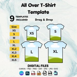 All Over T-Shirt Template, All Over T-Shirt Sublimation Blank Template Drag Drop, 7 Formats And 9 Sizes Ready All Over Shirt Design Template