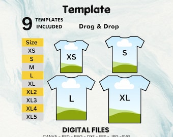 All Over T-Shirt Template, All Over T-Shirt Sublimation Blank Template Drag Drop, 7 Formats And 9 Sizes Ready All Over Shirt Design Template