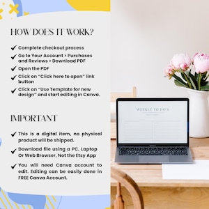 K&ouml;nnte beinhalten: Ein digitaler Download f&uuml;r eine w&ouml;chentliche To-Do-Liste. Das Bild zeigt einen Laptop mit einer ge&ouml;ffneten w&ouml;chentlichen To-Do-Liste auf dem Bildschirm. Der Text auf dem Bildschirm lautet "Weekly To Do's". Das Bild enth&auml;lt auch Anweisungen zum Herunterladen und Verwenden der Vorlage.