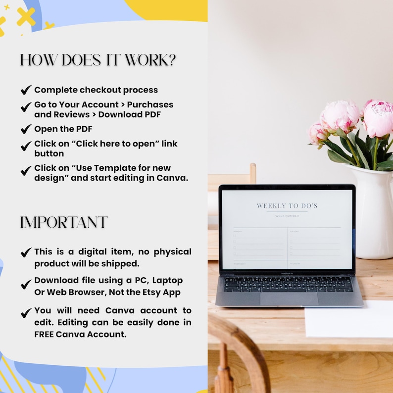 K&ouml;nnte beinhalten: Ein digitaler Download f&uuml;r eine w&ouml;chentliche To-Do-Liste. Das Bild zeigt einen Laptop mit einer ge&ouml;ffneten w&ouml;chentlichen To-Do-Liste auf dem Bildschirm. Der Text auf dem Bildschirm lautet "Weekly To Do's". Das Bild enth&auml;lt auch Anweisungen zum Herunterladen und Verwenden der Vorlage.