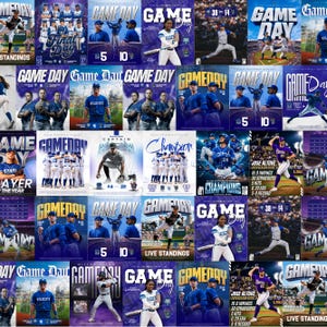 Può includere: Un collage di design grafici a tema baseball con giocatori in divisa, sfondi di stadi e il testo Game Day, che mostra varie scene d'azione, formazioni di squadre e statistiche di gioco in una tavolozza di colori blu e bianco.