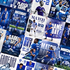 Pode incluir: Uma colagem de vários cartazes promocionais de dia de jogo de futebol com vários jogadores em uniformes azuis e brancos, fundos de estádios, bolas de futebol e tipografia ousada com texto incluindo Match Day, Game Day e Player of the Game.