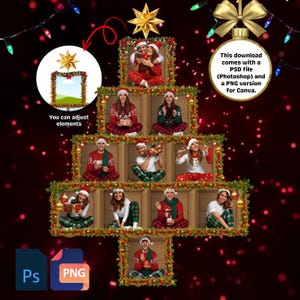 May include: A Christmas tree-shaped graphic with people in festive pajamas. The design includes a star, ornaments, and the text "You can adjust elements." The image also states that the download includes a PSD file and a PNG version for Canva.