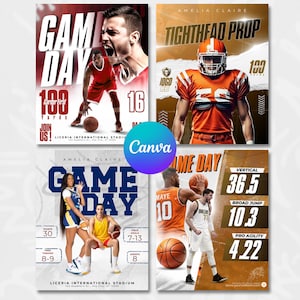 May include: Four sports-themed posters with athletes and game statistics. The posters feature basketball and football players, with text including "GAME DAY", "TIGHTHEAD PROP", and player stats. The Canva logo is visible.