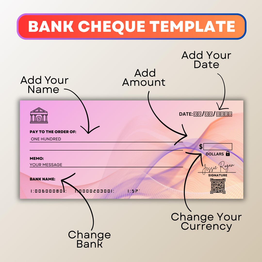 Printable Bank Cheque Template, Editable Bank Check Template ...