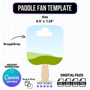 Puede incluir: Una plantilla de abanico con el texto "PADDLE FAN TEMPLATE". El abanico mide 16,5 cm x 18,4 cm y presenta un diseño de cielo y paisaje. El diseño incluye el texto "Drag & Drop", "Instant Download" y "Canva Editable". Los formatos de archivo digital incluyen PDF, JPG, SVG y PNG.