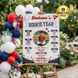Letrero de hitos del primer cumpleaños del Novato del Año, Letrero con temática de béisbol para la fiesta del primer cumpleaños, Letrero de decoración para el primer cumpleaños del niño novato