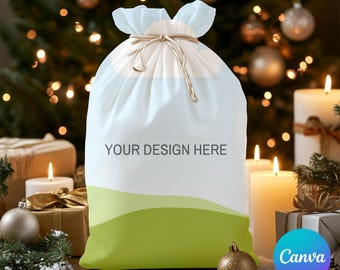 Édition de maquette de sac de Noël avec Canva, maquette de sac de père Noël en toile de Noël, maquettes de Noël, maquette de motifs des fêtes, maquette de sac, sac cadeau