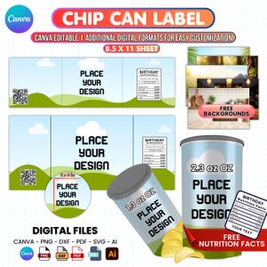 Chip Can Label Templates, 1.3oz Label, 2.3oz Label, Pringles Wrapper Templates, Chip Can Blank Template, Party Favors, Pringles Labels,Canva