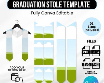 May include: A graduation stole template featuring a blue and green design. The template is fully editable in Canva and includes three sizes. The files are available in PDF, JPG, SVG, and PNG formats.