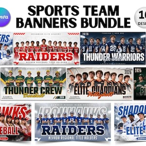 May include: A digital bundle of 10 sports team banner designs featuring various high school athletic groups. Each banner displays team names like Raiders, Thunder Warriors, and Pinecrest Baseball, along with the year 2026 and Canva branding.
