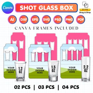 Pode incluir: Gráfico mostrando caixas de shot com molduras Canva. O design inclui vários formatos de arquivo e shots com capacidades de 35 ml, 44 ml e 65 ml. O texto "SHOT GLASS BOX" é exibido de forma proeminente.