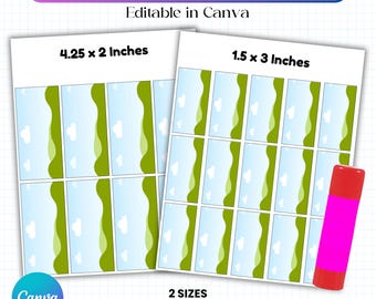 May include: A template for glue stick wraps, featuring two sizes: 4.25 x 2 inches and 1.5 x 3 inches. The design includes a blue sky and green landscape pattern. The text reads "GLUE STICK WRAP TEMPLATE" and "Editable in Canva". A pink and red glue stick is also visible.