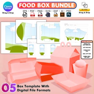 Könnte beinhalten: Ein digitales Food-Box-Vorlagenpaket mit verschiedenen Dateiformaten. Das Bild zeigt rosa und rote Lebensmittelboxen, darunter eine Pommes-Box, eine Hotdog-Box und eine Essensgeschenkbox. Der Text lautet "Box Template With Digital File Formats."