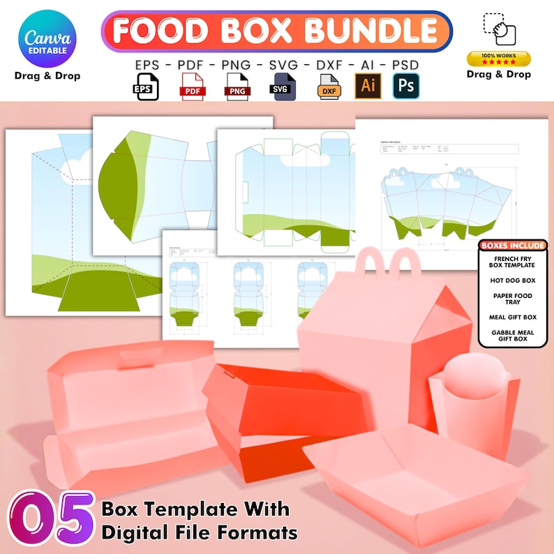 May include: A digital food box template bundle with various file formats. The image displays pink and red food boxes, including a French fry box, hot dog box, and meal gift box. The text reads "Box Template With Digital File Formats."