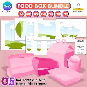 Bundel voedseldozen, frietdoos, hotdogdoos, sjabloon voedsellade, geschenkdoos gevelmaaltijd, voedseldoos SVG, canvassjabloon