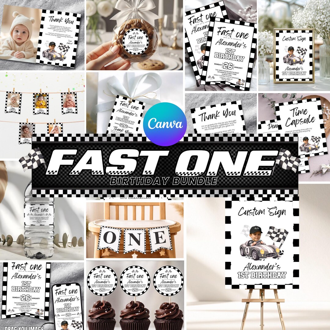 Race Car Birthday Party Bundle, Fast One Decor Templates, Boy First ...