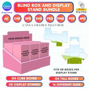 Puede incluir: Paquete de expositores rosas con cajas cúbicas y cajas altas. La imagen incluye el texto "Blind Box and Display Stand Bundle", "Canva Editable" e iconos de tipo de archivo. El expositor contiene seis cajas y está disponible en 16 tamaños diferentes.