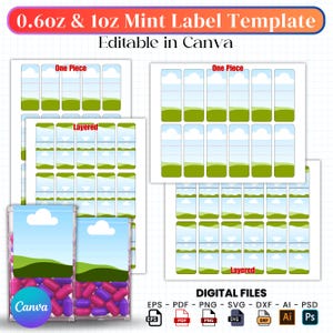 May include: A mint label template with the text "0.6oz & 1oz Mint Label Template Editable in Canva". The design includes a sky and green landscape, with the words "One Piece" and "Layered". The image also shows a container of mints.