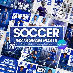 以下が含まれることがあります： 青と白のユニフォームを着た様々なアスリート選手、SOCCER INSTAGRAM POSTSという文字を含む大胆なタイポグラフィ、スポーツイベントのプロモーション用にデザインされたグラフィック要素を特徴とする、サッカーのInstagram投稿用デジタルテンプレート集。