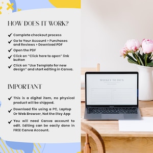 May include: A laptop displaying a "Weekly To-Do's" template sits on a wooden desk. The image includes text explaining how to download and edit a digital item. A white vase with pink flowers is in the background.