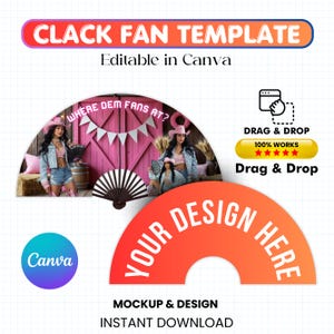 Clack Fan Template, Chinese Fan Template Editable Canva Template, Sublimation Fan Template, Custom Clack Fan Design,  Cowgirl with Clack Fan