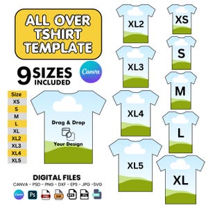 All Over T-Shirt Canva Template, All Over T-Shirt Sublimation Blank Template Drag Drop, 7 Formats And 9 Sizes Ready All Over Shirt Template