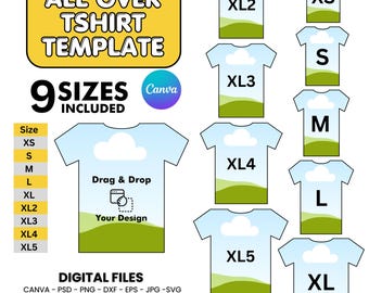 All Over T-Shirt Canva Template, All Over T-Shirt Sublimation Blank Template Drag Drop, 7 Formats And 9 Sizes Ready All Over Shirt Template