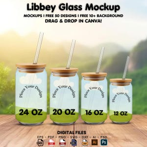 Könnte beinhalten: Ein Mockup-Bild von vier Libbey-Glasbechern mit Bambusdeckeln und durchsichtigen Strohhalmen. Die Gläser sind mit 24 oz, 20 oz, 16 oz und 12 oz beschriftet. Jedes Glas hat einen Designbereich mit dem Text "Place Your Design". Das Bild enthält den Text "Libbey Glass Mockup".