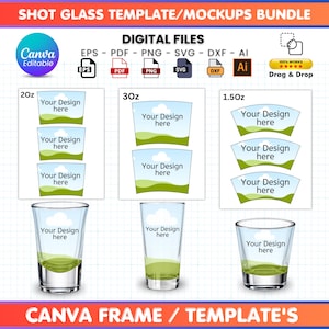 Pode incluir: Um pacote digital de modelos e maquetes de copos de shot em formatos EPS, PDF, PNG, SVG, DXF e AI. O gráfico exibe tamanhos de 20oz, 30oz e 1.50oz com áreas de design editáveis rotuladas como Your Design here com nuvens.