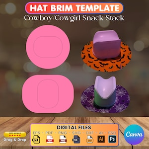 Puede incluir: Plantillas rosas de ala de sombrero y dos apilados de aperitivos de sombrero de vaquero. Uno tiene un ala naranja con murciélagos negros, el otro tiene un ala morada con un diseño de telaraña blanca. Incluye el texto "HAT BRIM TEMPLATE" y "DIGITAL FILES".