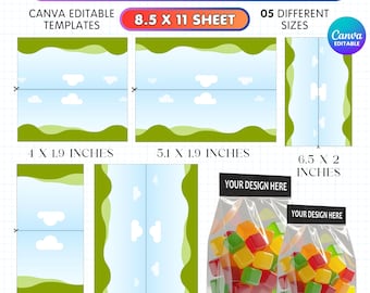 Paquete de plantillas de Canva para decorar bolsas de golosinas, archivo digital para empaquetar regalos de fiesta y etiquetas personalizadas para bolsas de golosinas.