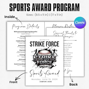 Könnte beinhalten: Design eines Sportauszeichnungsprogramms mit Baseball-Thema. Die Vorderseite zeigt einen Baseball mit den Worten "STRIKE FORCE BASEBALL CLUB" und "Sports Award". Die Programmdetails, die Spielerliste und das Dankeschön an den Sponsor sind ebenfalls sichtbar.