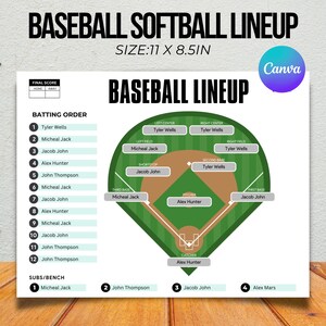 Könnte beinhalten: Ein Baseball-Aufstellungsbogen mit dem Titel "BASEBALL SOFTBALL LINEUP" und der Größe "11 x 8,5 Zoll". Das Blatt enthält Schlagreihenfolge, Positionen und Spielernamen. Das Canva-Logo ist sichtbar.