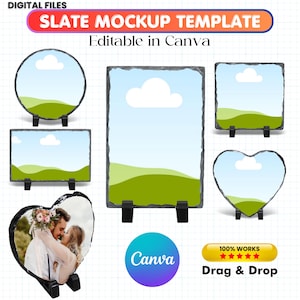 Peut inclure: Plusieurs modèles de maquettes d'ardoise de différentes formes : rondes, rectangulaires, carrées et en forme de cœur. Chaque ardoise est dotée d'un support noir et d'un paysage. Le texte "SLATE MOCKUP TEMPLATE" et "Editable in Canva" est inclus.