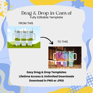 K&ouml;nnte beinhalten: Drei Edelstahlbecher mit Doppelgriffen und Deckeln. Die Becher stehen auf einer Holzoberfl&auml;che. Die Becher sind links und rechts leer, der mittlere Becher hat ein farbenfrohes geometrisches Design. Der Text "Drag & Drop in Canva! Fully Editable Template" befindet sich oben im Bild. Der Text "FROM THIS" befindet sich unter den Bechern links. Der Text "TO THIS" befindet sich unter den Bechern rechts. Der Text "Easy Drag & Drop Templates Lifetime Access & Unlimited Downloads Download in PNG or JPEG" befindet sich unten im Bild.